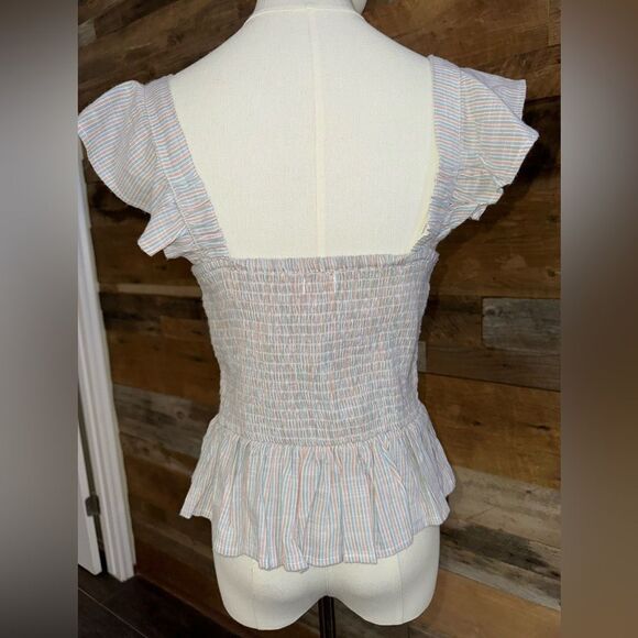 Japna Woman's Smocked back Peplum Square Neck Striped Ruffles Top Sz L - Picture 3 of 11